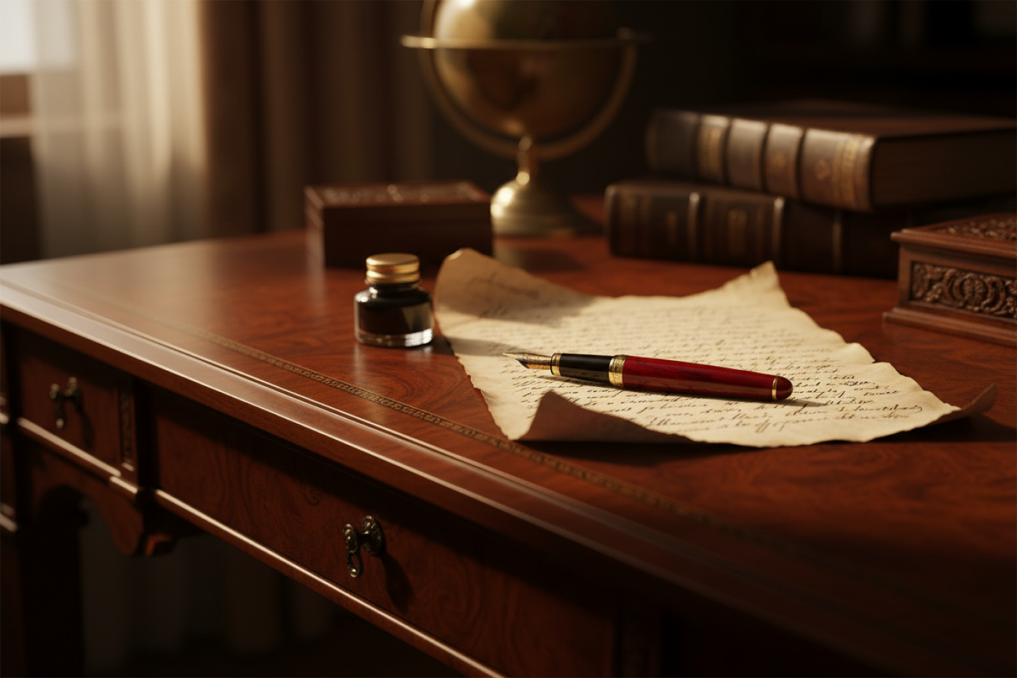 A fountain pen and handwritten letter on an antique desk