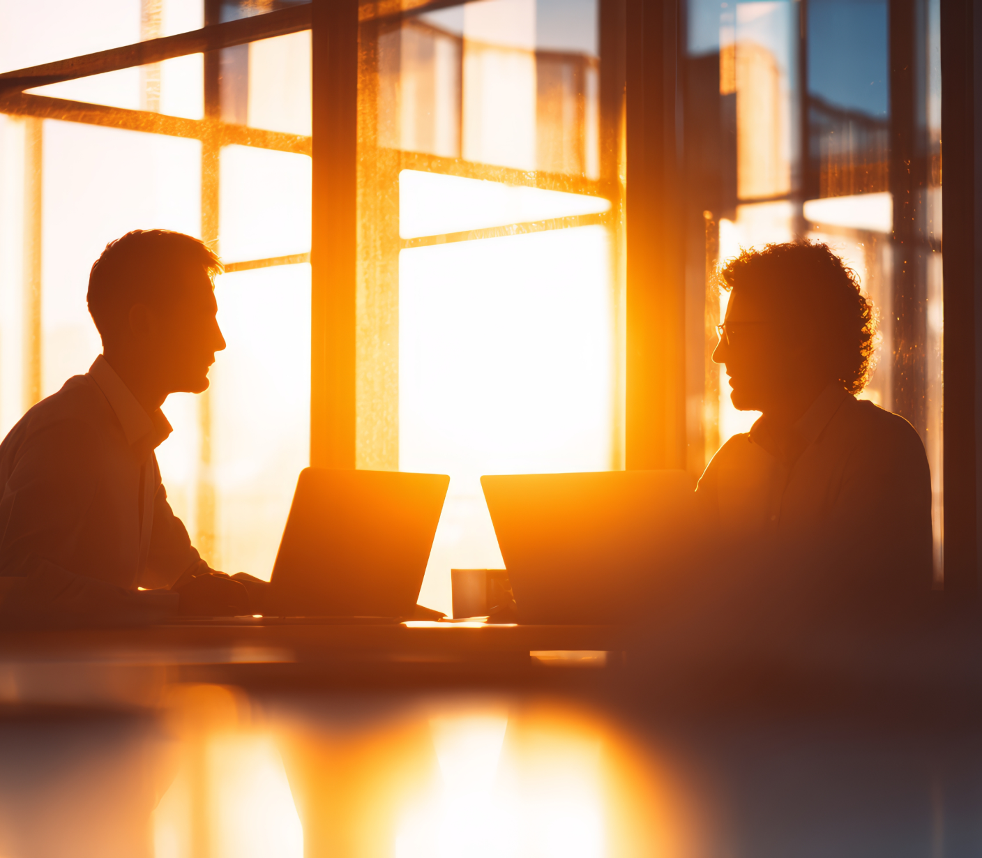 Two people in conversation at sunset