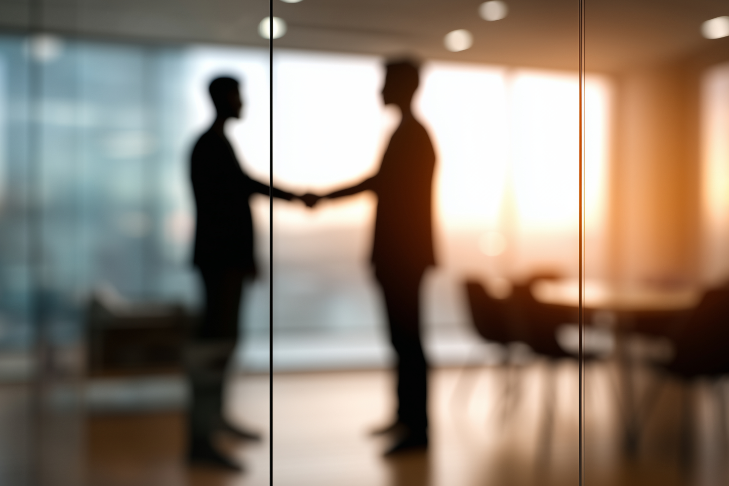 Two business leaders shaking hands in a boardroom at sunset